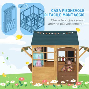 Casetta per Bambini 3-8 Anni 173x117x144 cm con 5 Finestre e 2 Lavagne in Legno di Abete Marrone e Blu...