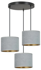Lampadario Tondo 3 Luci Ganesha In Acciaio Nero E Paralumi In Tessuto Grigio
