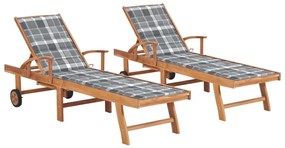 Lettini Prendisole 2 Pz Con Cuscino Grigio A Quadretti İn Teak /