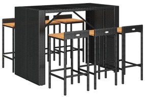 Set bar giardino 7 pz nero polyrattan e legno massello acacia