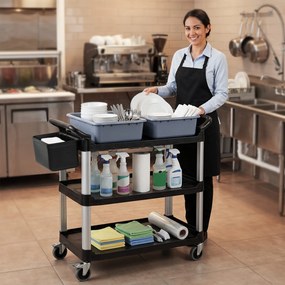 Carrello Pulizie Professionale 115x50x100 cm a 3 Ripiani con 2 Contenitori Rimovibili Bidone Laterale e 4 Ruote in PP Nero...