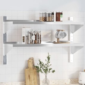Mensola Muro 2 Ripiani 100x30x60cm Argento Acciaio Inossidabile /