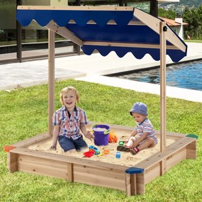 Costway Sabbiera per bambini in legno con tendina regolabile in altezza, Stazione di gioco all'aperto senza fondo 121x121x120cm