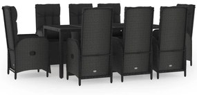 Set da pranzo da giardino 9 pz con cuscini nero in polyrattan