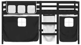 Letto a soppalco con tende bambini bianco e nero 80x200 cm pino