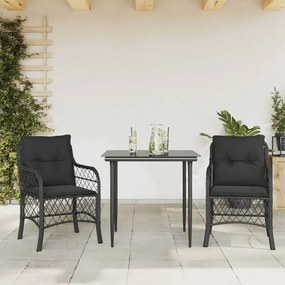 Set da bistrò 3 pz con cuscini nero in polyrattan