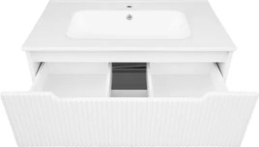 Mobile Da Bagno Cannettato 80 Cm Con Lavabo Specchio E Led LINE - Bianco Lucido