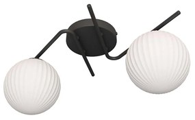 Plafoniera Moderna 2 Luci Ra Acciaio Nero E Diffusori In Vetro Rigato Opale