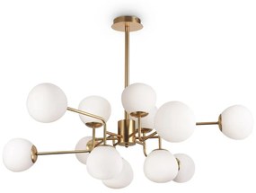 Lampadario Sospensione Erich In Metallo Ottone 12 Luci E Diffusori Bianchi