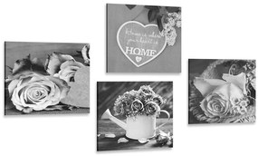 Set di quadri – Fiori in bianco e nero con scritta Home