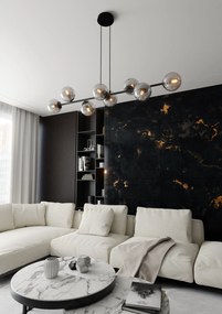 Lampadario Contemporaneo 8 Luci Rossi In Acciaio Nero E Sfere In Vetro Fumè