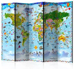 Paravento design Mappa del mondo per bambini II - mappa con continenti colorati