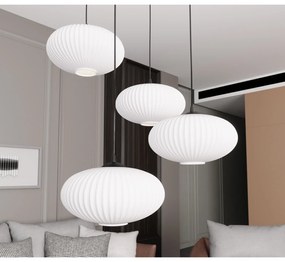 Lampadario 4 Luci Iris Base Tonda In Acciaio Nero Paralume Plissettato Bianco