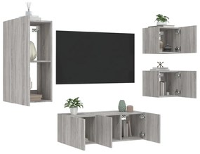 Mobili Tv A Muro Con Led 5pz Grigio Sonoma İn Legno Multistrato /