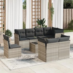 Set divano da giardino 9pz con cuscini grigio chiaro polyrattan