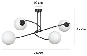 Plafoniera Moderna 4 Luci Selbi In Acciaio Nero E Sfere In Vetro Opale