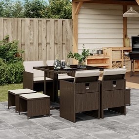 Set da pranzo da giardino 9pz con cuscini marrone in polyrattan