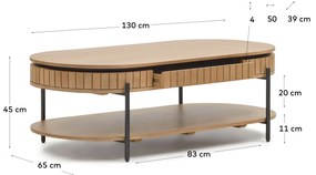 Kave Home - Tavolino Licia 1 cassetto in legno massello di mango e metallo verniciato nero 130 x 65 cm
