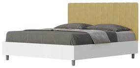 Letto contenitore da 160x200 in legno bianco e testata in microfibra ocra Kaia