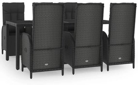 Set da pranzo da giardino 7 pz nero con cuscini in polyrattan