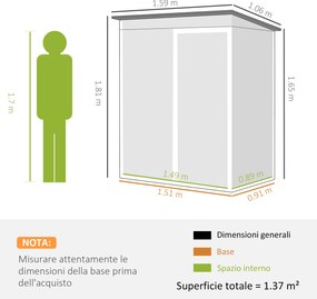 Casetta da Giardino 159x106x181 cm con Prese d'Aria e Porta Scorrevole in Metallo Marrone...