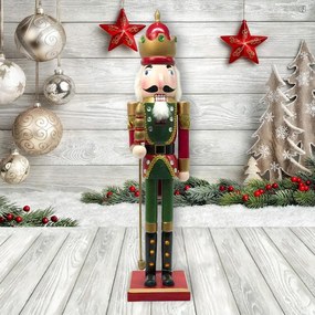 Schiaccianoci di Natale 60cm in legno Soldato con conrona e scettro di colore rosso e verde Wisdom