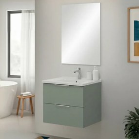 Mobile bagno sospeso 60cm verde opaco con cassetti lavabo e specchio Elva