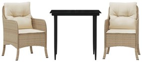 Set da pranzo da giardino 3 pz con cuscini beige in polyrattan