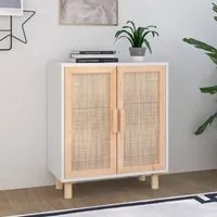 Credenza Bianca 60x30x70 cm Legno Massello Pino Rattan Naturale 345630