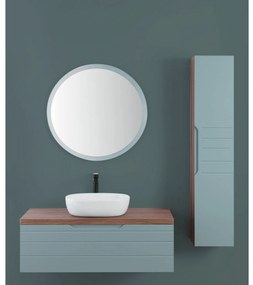 Mobile Bagno Sospeso 110 Cm Un Cassetto Tondo Serigrafato Su Telaio Diametro 80 Cm Specchio Con Illuminazione Led Feridras "Amalfi" Noce Canaletto/Verde Salvia