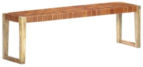 Panca 150 cm marrone in vera pelle e legno massello di mango