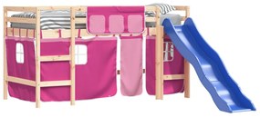 Letto a soppalco con tende bambini rosa 90x200 cm massello pino