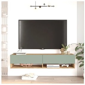 Mobile Tv Sospeso 140x32x30 Effetto Legno 2 Vani Rovere E Verde Frame