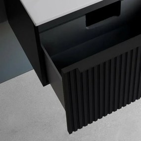 Mobile bagno sospeso 70 cm nero opaco cannettato con cassetto, specchio e lavabo Nara