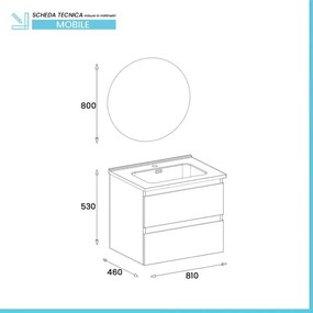 Mobile bagno sospeso 80 cm in legno quercia naturale 2 cassettoni con lavabo e specchio Leda