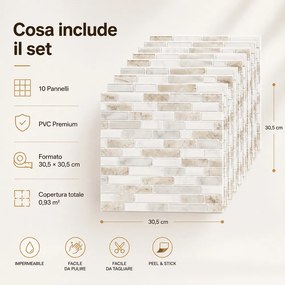 Set 10 Pannelli Adesivi Piastrelle da Parete 30,5 cm Decoro Mosaico Mattoncini in PVC Beige...