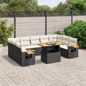 Set divani da giardino 10pz con cuscini in polyrattan nero