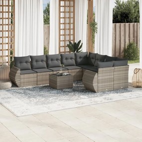 Set divano giardino 10 pz con cuscini grigio chiaro polyrattan