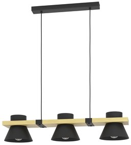 Lampadario A Sospensione Vintage Maccles Acciaio Nero Legno 3 Luci E27