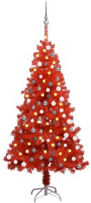 Albero di Natale Preilluminato Sottile con Palline Rosso 150 cm PVC, Albero di Natale Preilluminato con Palline Rosso 150 cm PVC