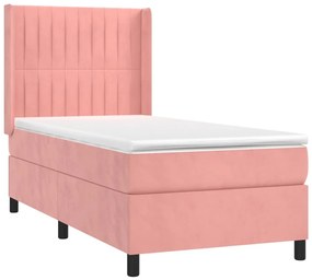 Letto a molle con materasso e led rosa 90x200 cm in velluto