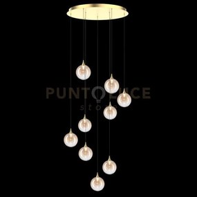 Lampada a sospensione bolla, metallo oro + 9 vetri ambra, led 36w 2...