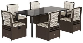 Set da pranzo da giardino 7pz con cuscini in polyrattan marrone