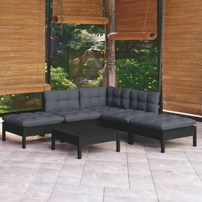 Set divani da giardino 6 pz con cuscini neri in legno di pino