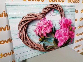 Stampa su tela – Peonie su cuore di legno