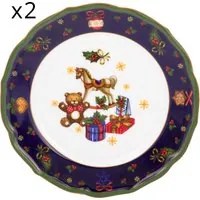 Set 2 piatti frutta natalizi porcellana bordo blu