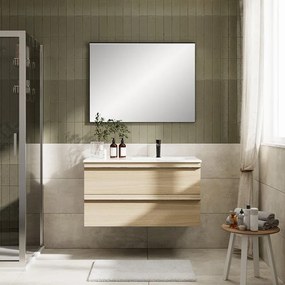 Mobile Linea L100 H55 P45 in laminato rovere natura 2 cassetti a chiusura ammortizzata e lavabo in ceramica vasca DX