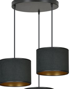 Lampadario Tondo 3 Luci Ganesha In Acciaio Nero E Paralumi In Tessuto Nero