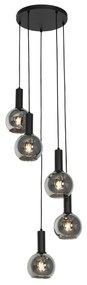 Lampadario Art Déco nero con vetro fumé rotondo 5 luci - Josje