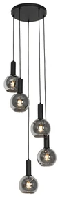 Lampadario Art Déco nero con vetro fumé rotondo 5 luci - Josje